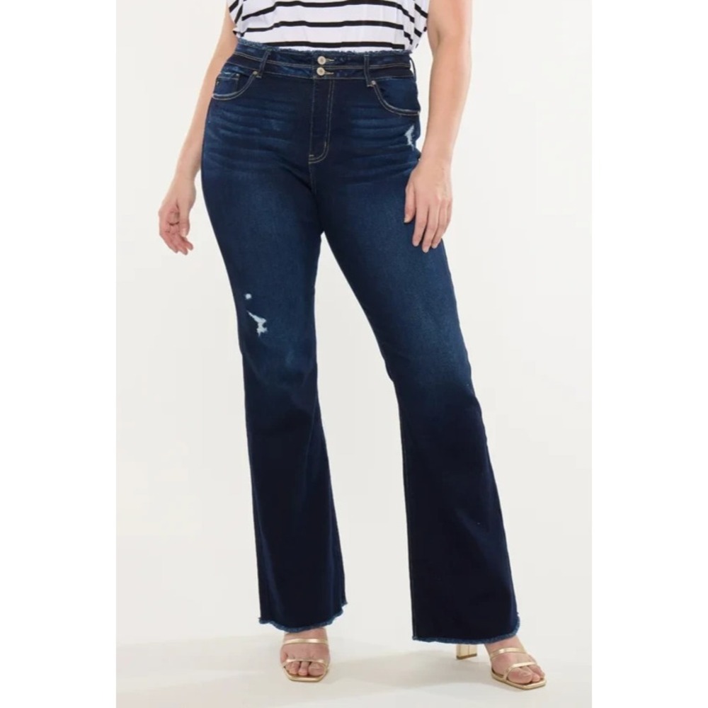 Kancan Gill High Rise Flare Jeans Dark Wash Distressed Raw Hem Size 13 / 30